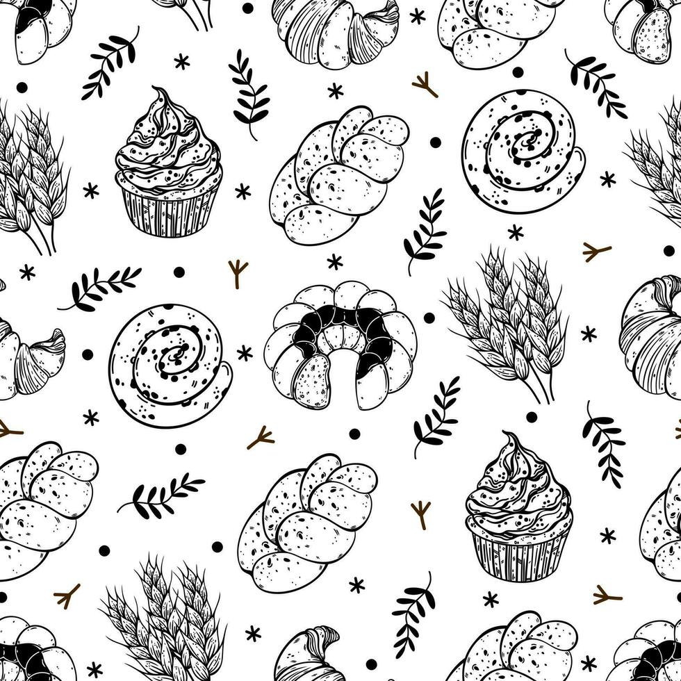 Sweet pastry seamless vector pattern. Gugelhupf sponge cake, cupcake, croissant, loaf, bun. Organic grain baked goods and spikelets. Food sketch. Black and white background for packaging, menu, web