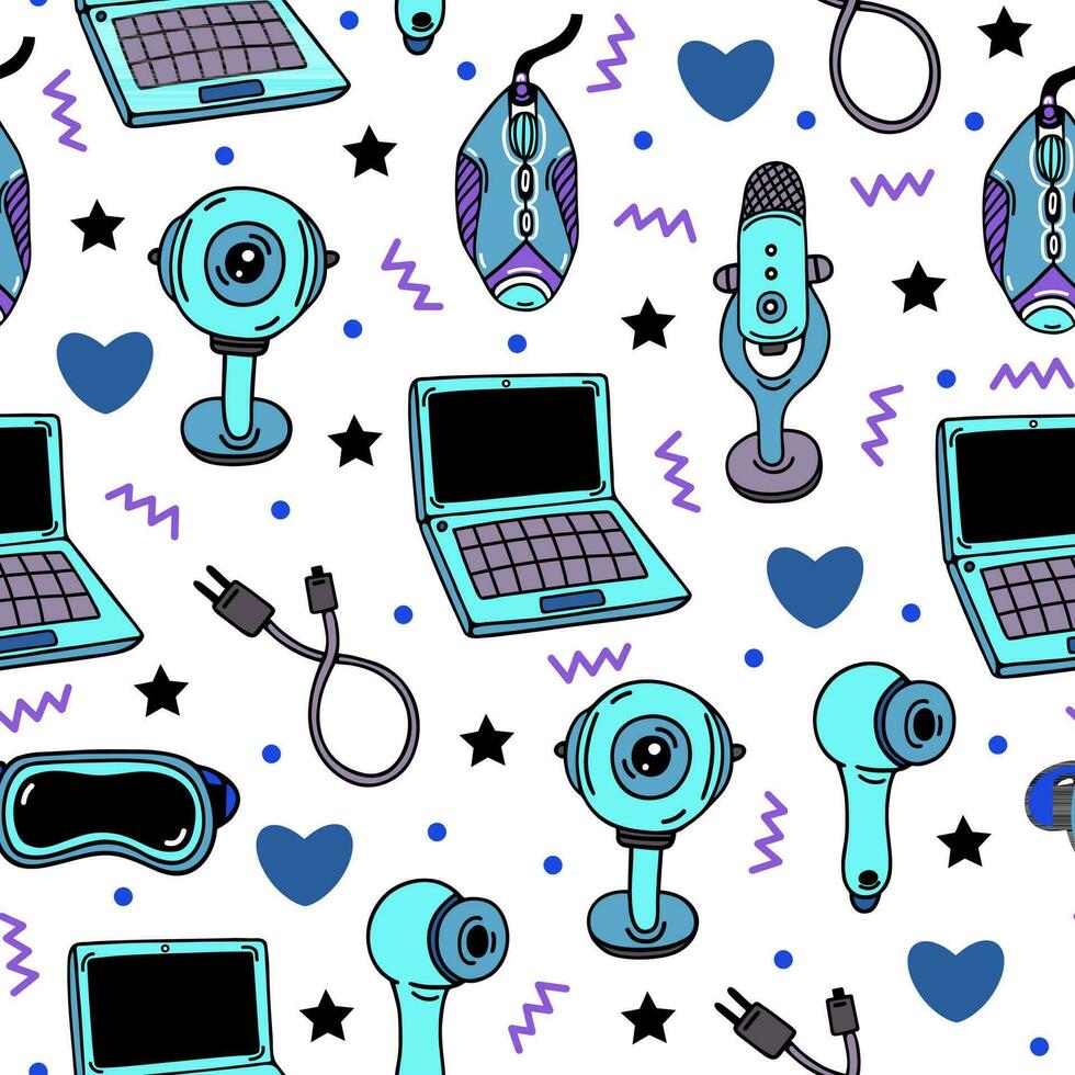 Gadgets seamless vector pattern. Modern devices - laptop, webcam, microphone, pc mouse, wireless headphones. Tech for games, 3D, music, work, blogging. Cartoon background for print, packaging, web