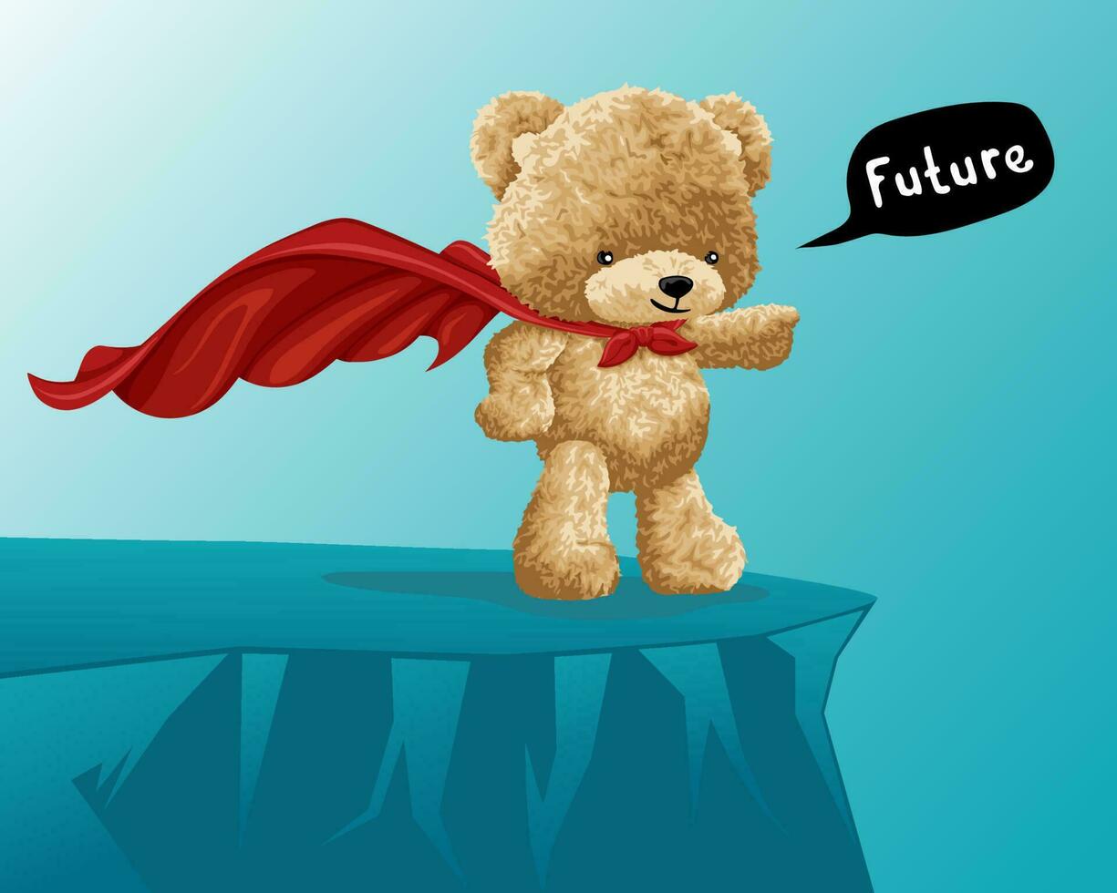 Hand drawn vector illustration of teddy bear hero standing on cliff