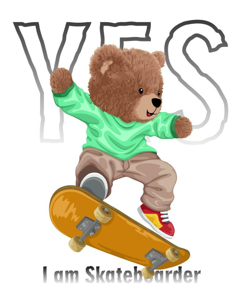 Vector illustration of teddy bear playing skateboard on typography background