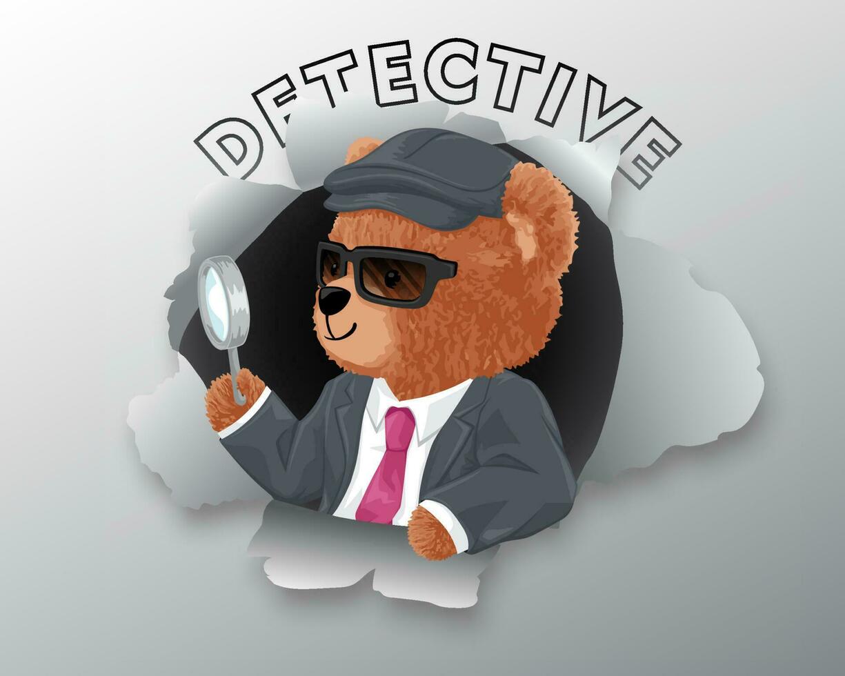 Vector illustration of teddy bear in detective costume holding magnifying glass