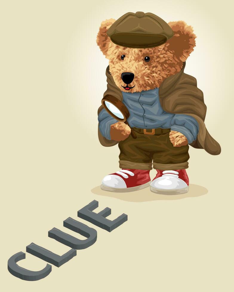 Vector illustration of bear doll in detective costume holding magnifying glass