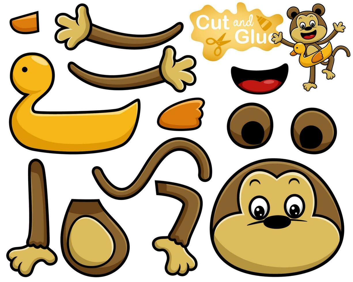 Vector illustration of cartoon monkey with duck swim ring. Cutout and gluing