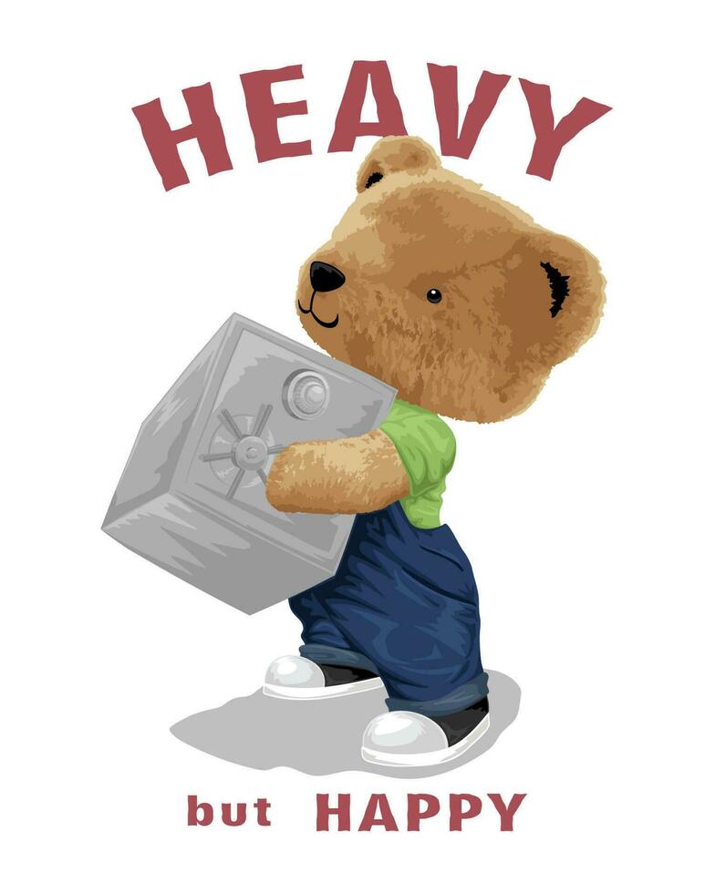 Bear doll cartoon carrying safe of money. Vector cartoon illustration