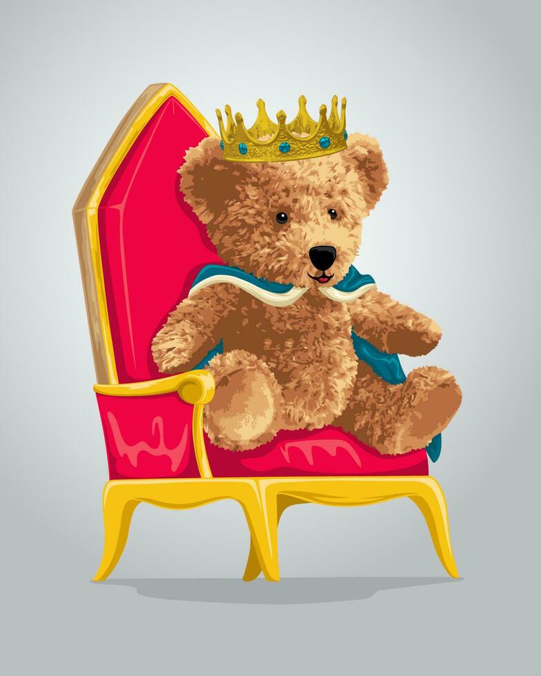 vector ilustración de linda oso muñeca dibujos animados con corona sentado en trono