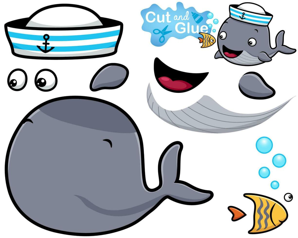 vector ilustración de ballena dibujos animados vistiendo marinero sombrero con pequeño pez. separar y pegar