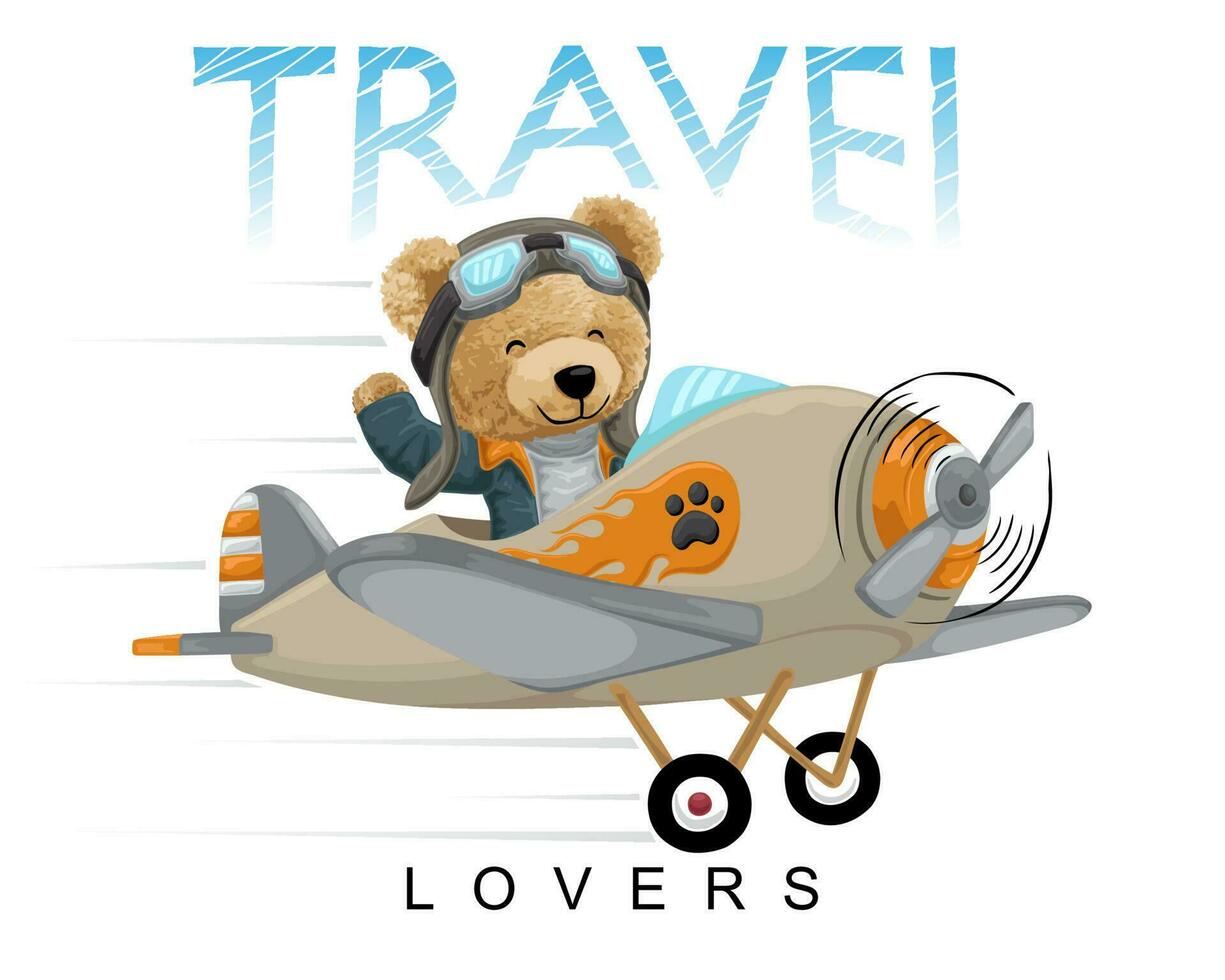 Vector illustration of teddy bear on airplane