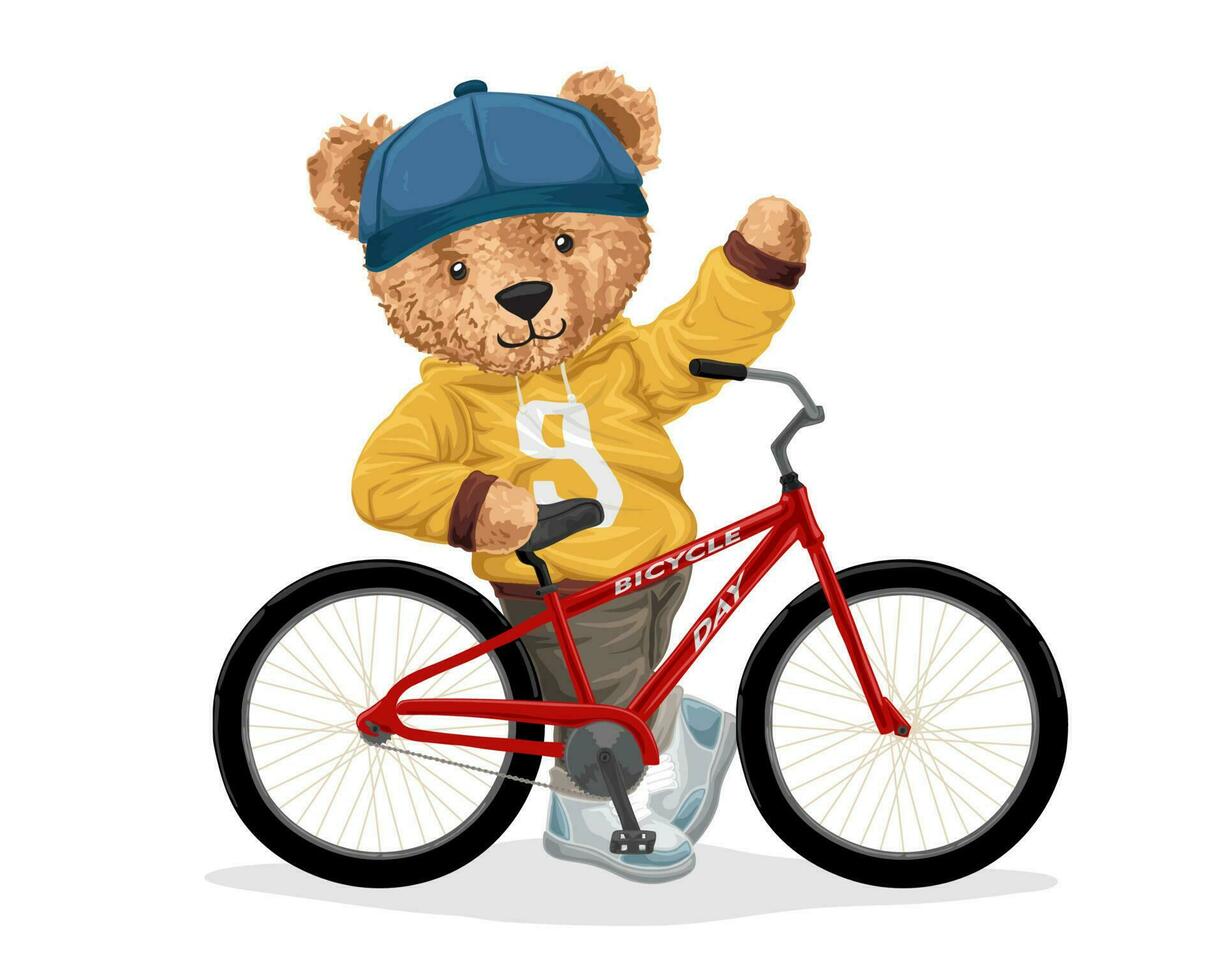 Vector illustration of funny bear doll cartoon with bicycle