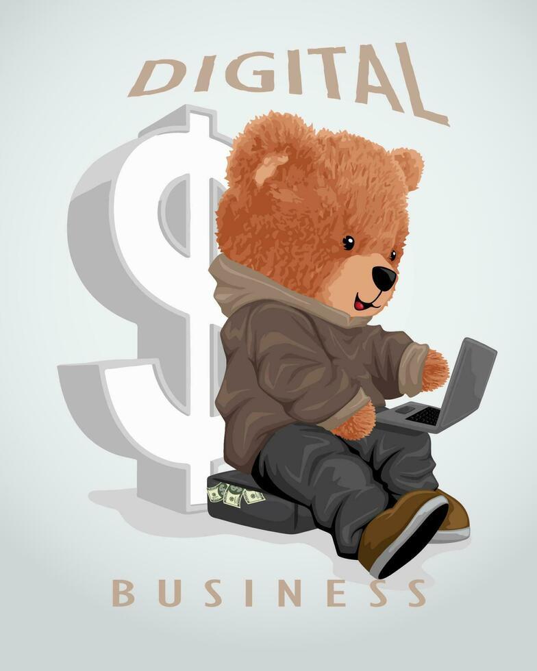 Funny teddy bear cartoon operating laptop sitting on money suitcase vector