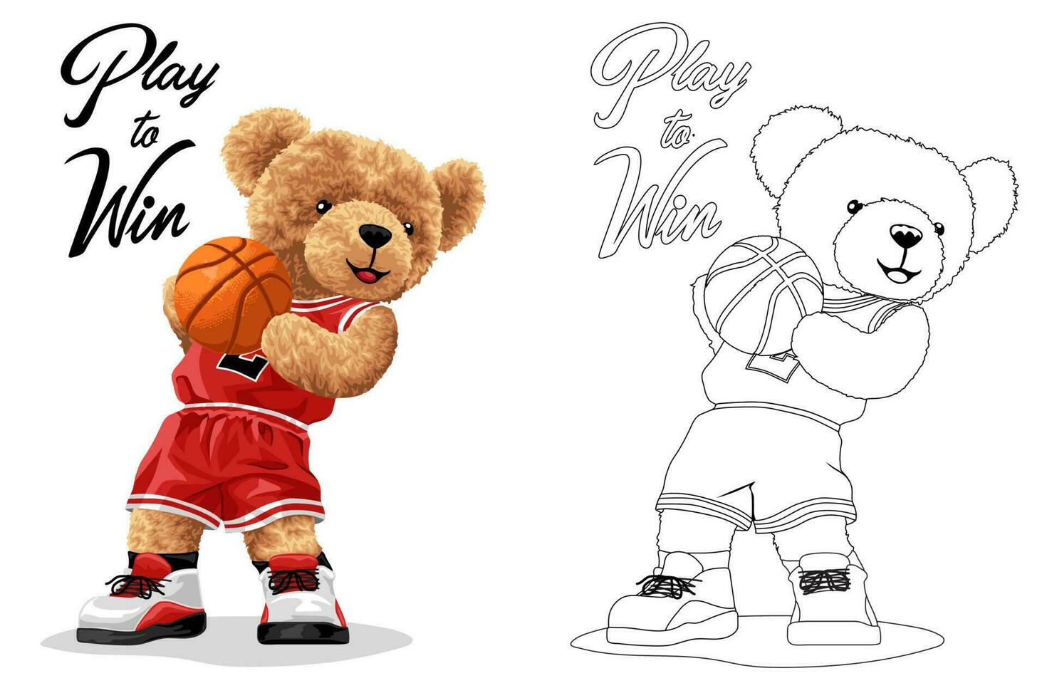 mano dibujado vector ilustración de osito de peluche oso jugando baloncesto. colorante libro o página
