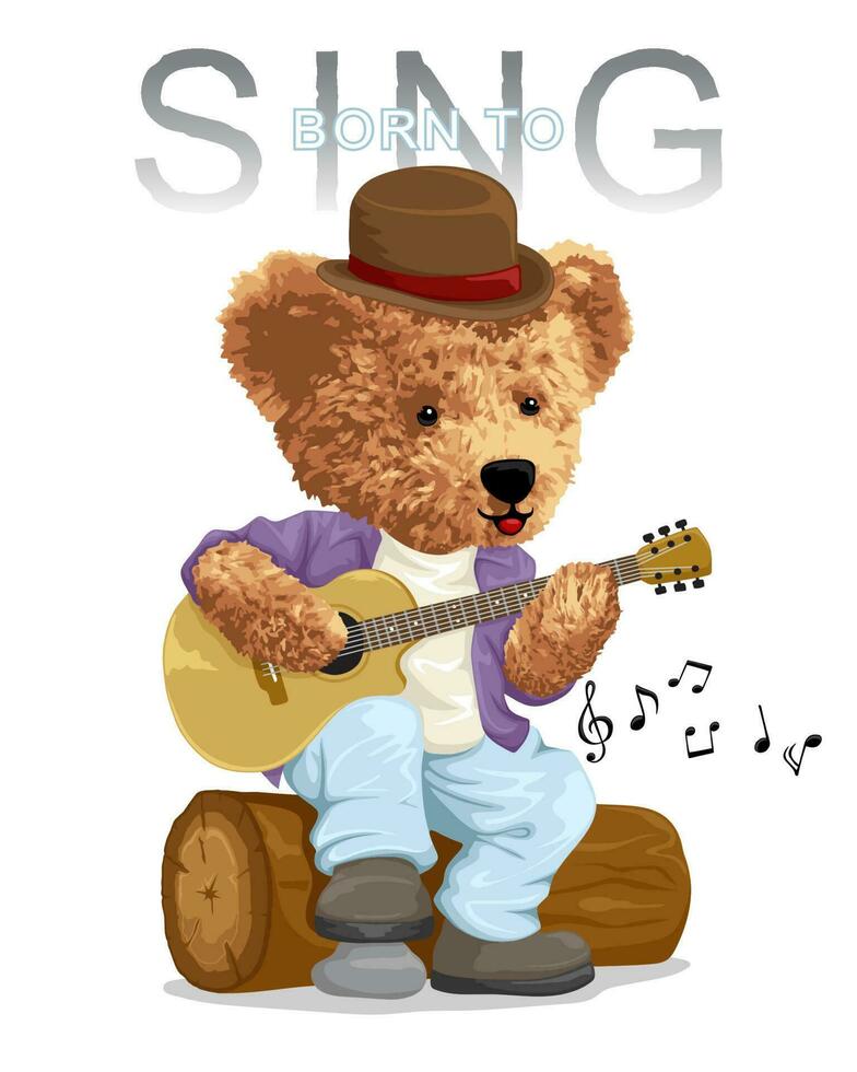 Vector illustration of cute teddy bear wearing bowler hat playing acoustic guitar