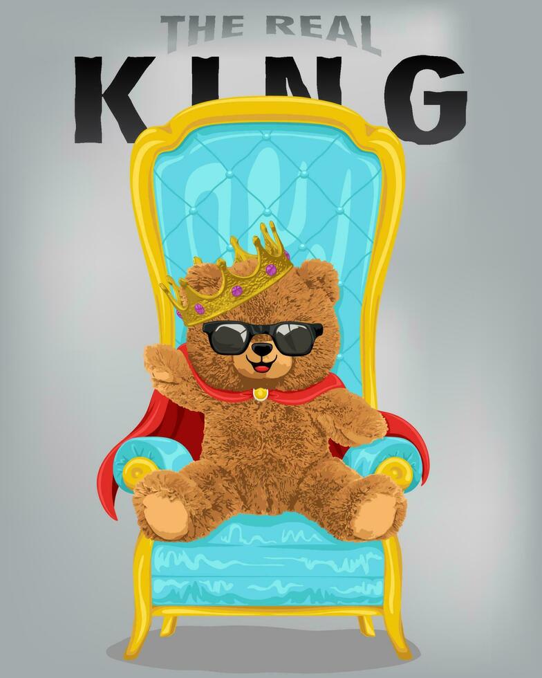 Vector illustration of hand drawn funny bear doll with crown sitting on throne