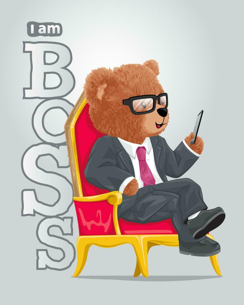 Vector illustration of teddy bear in suit sitting on throne while holding smartphone