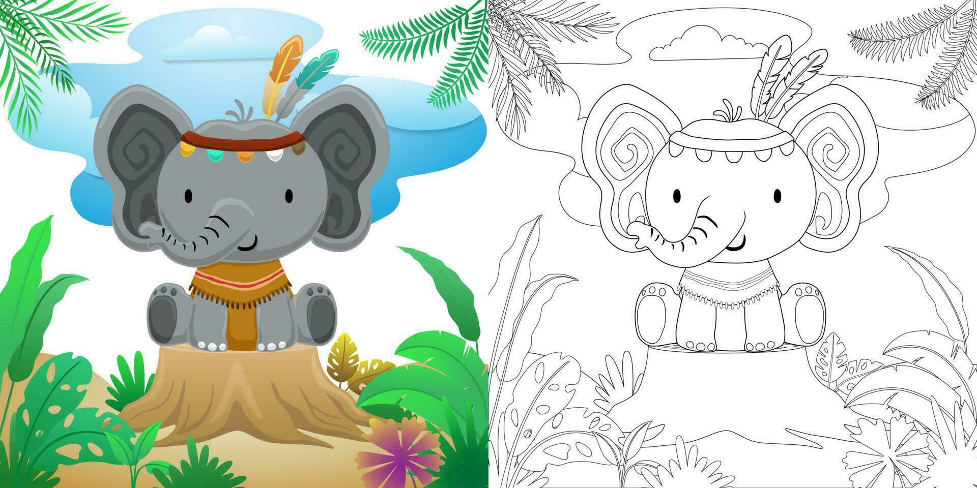 linda elefante dibujos animados en tribal étnico disfraz sentado en árbol tocón en bosque vector