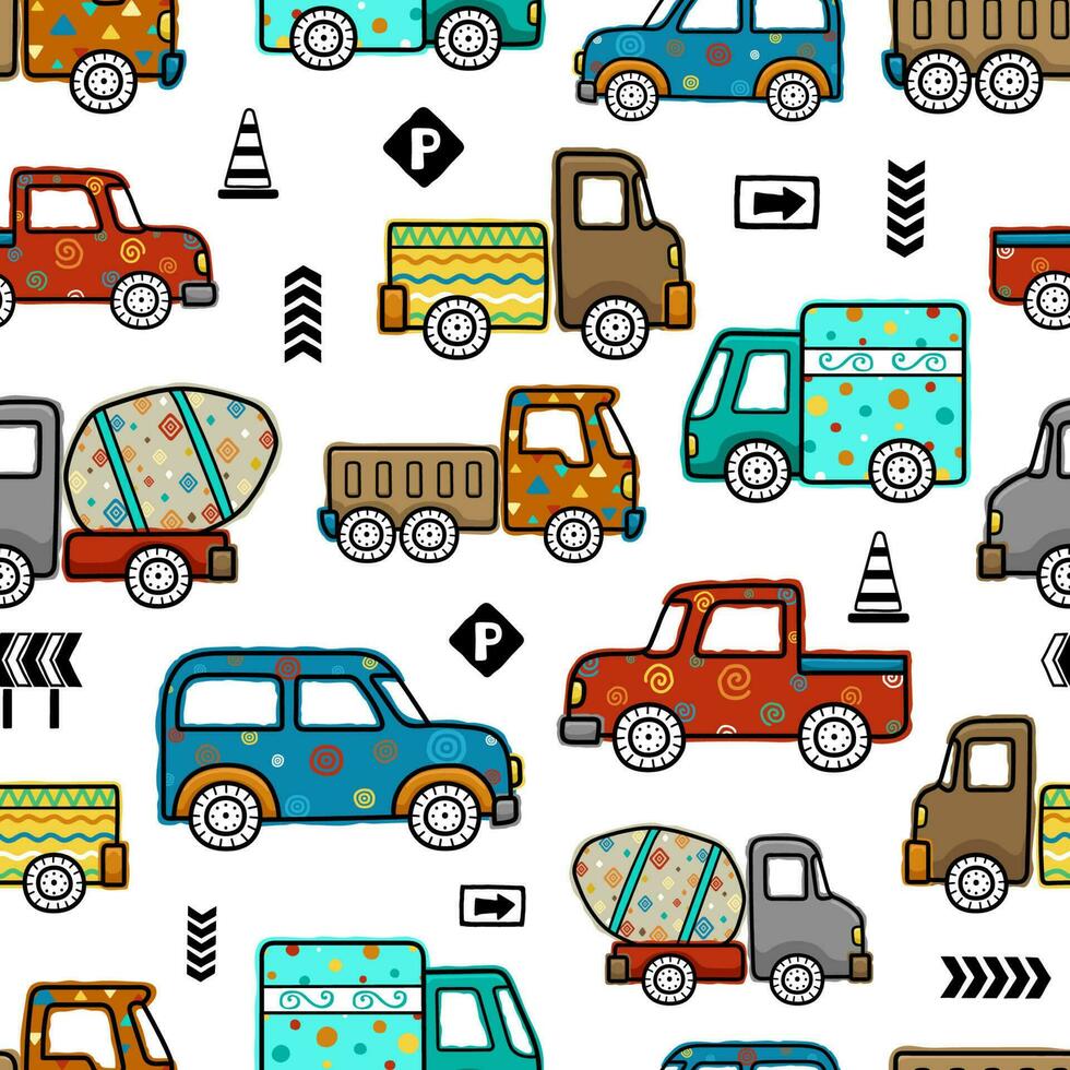 Seamless pattern vector of hand drawn cars with road signs in colorful ornaments