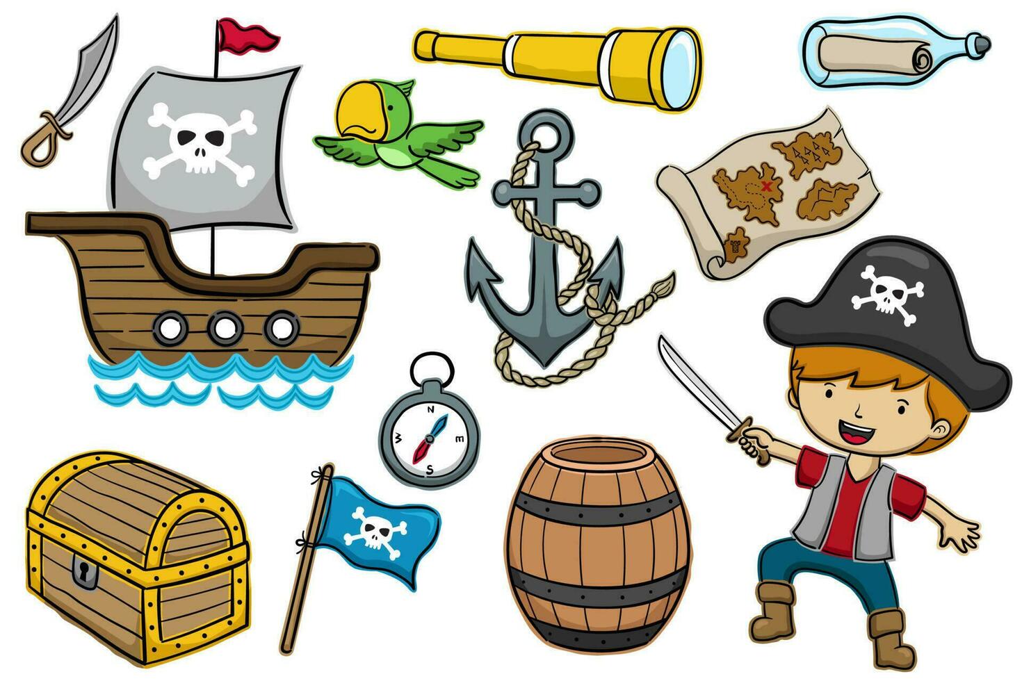 Vector illustration of cartoon set pirate characters, pirate sailing elements