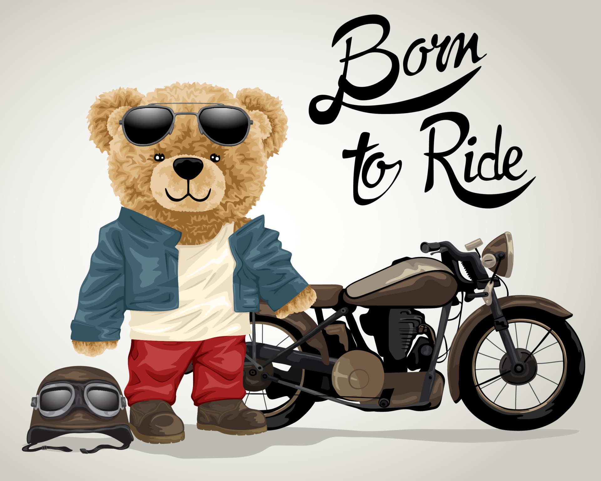 Hand drawn vector illustration of teddy bear in biker costume with ...