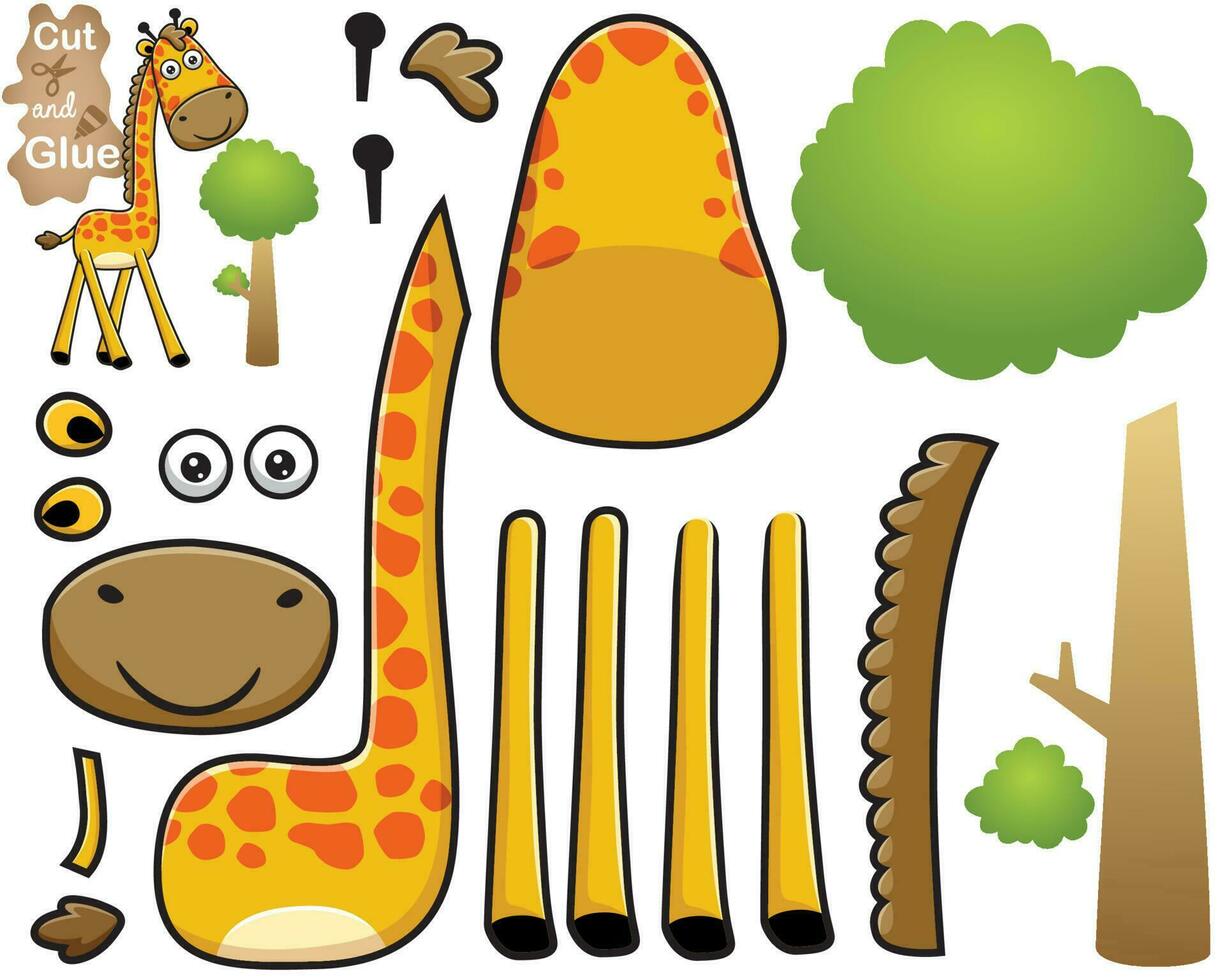 Vector illustration of cartoon giraffe with tree. Cutout and gluing