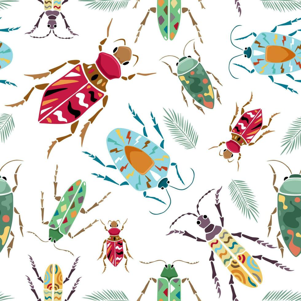 Seamless pattern vector of hand drawn beetles and leaves with colorful ornaments