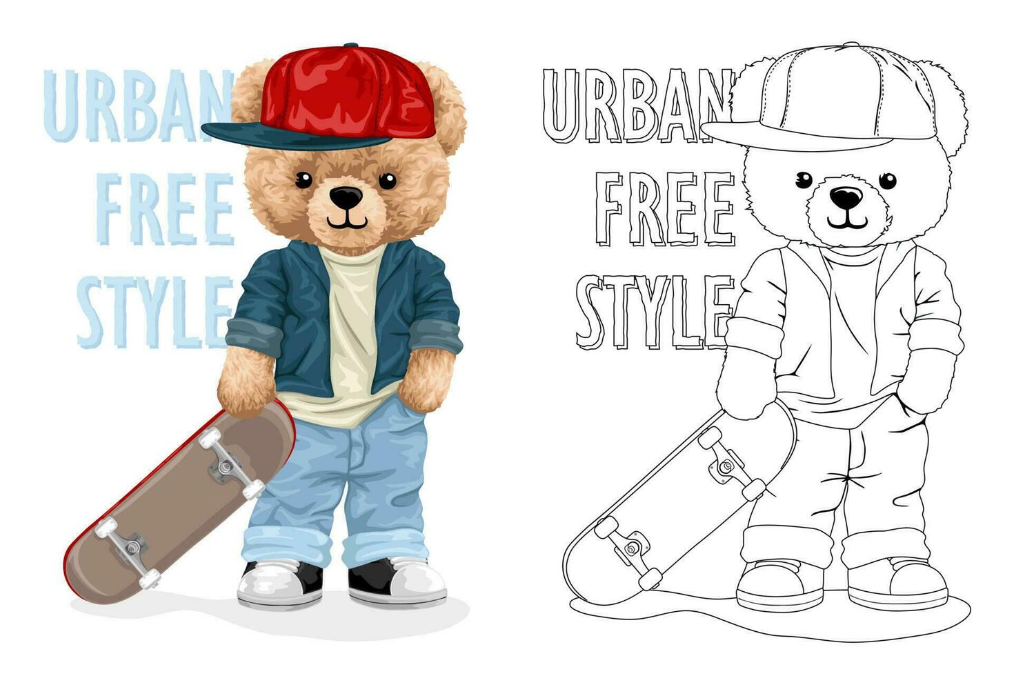 Hand drawn vector illustration of teddy bear in hipster style with skateboard. Coloring book or page