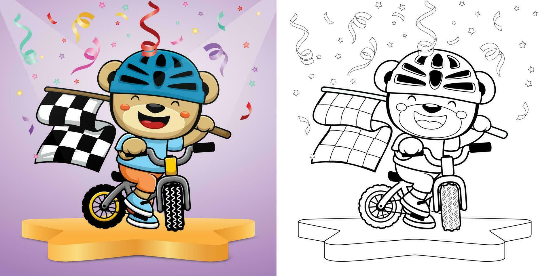 Vector illustration of cute bear wearing helmet biker riding bicycle carrying checkered flag on stage