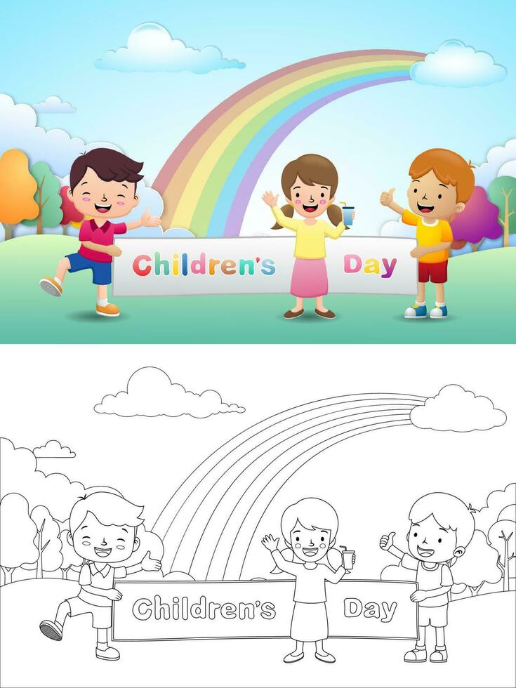 dibujos animados de linda niños participación bandera a para niños día en escena antecedentes con arco iris vector