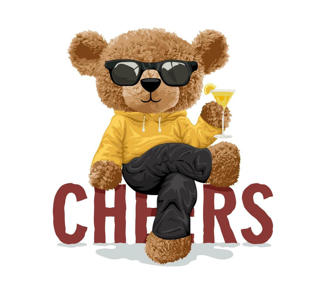 vector illustration of bear doll with sunglasses sitting on cheers text while holding cocktail glass