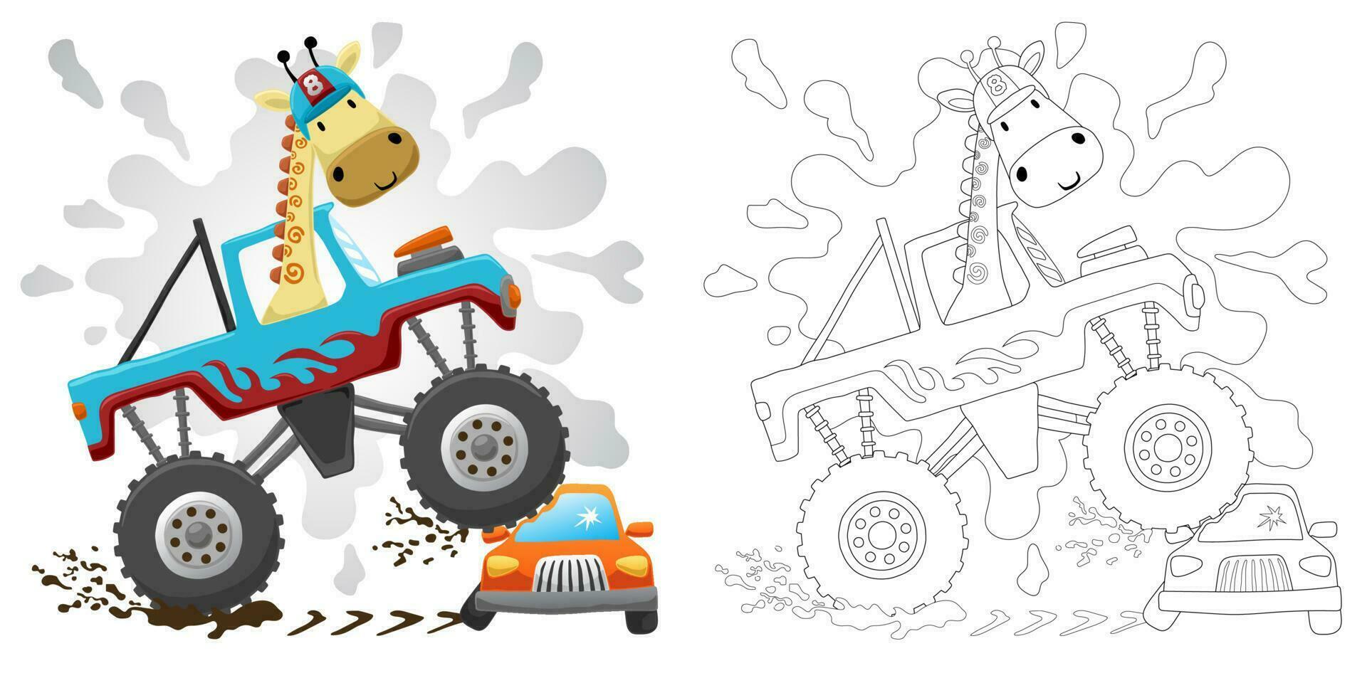 Cartoon of giraffe on monster truck crushing small vehicles, hand drawn style, coloring book or page vector