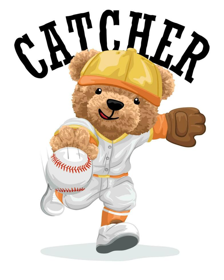 Hand drawn vector illustration of teddy bear playing baseball