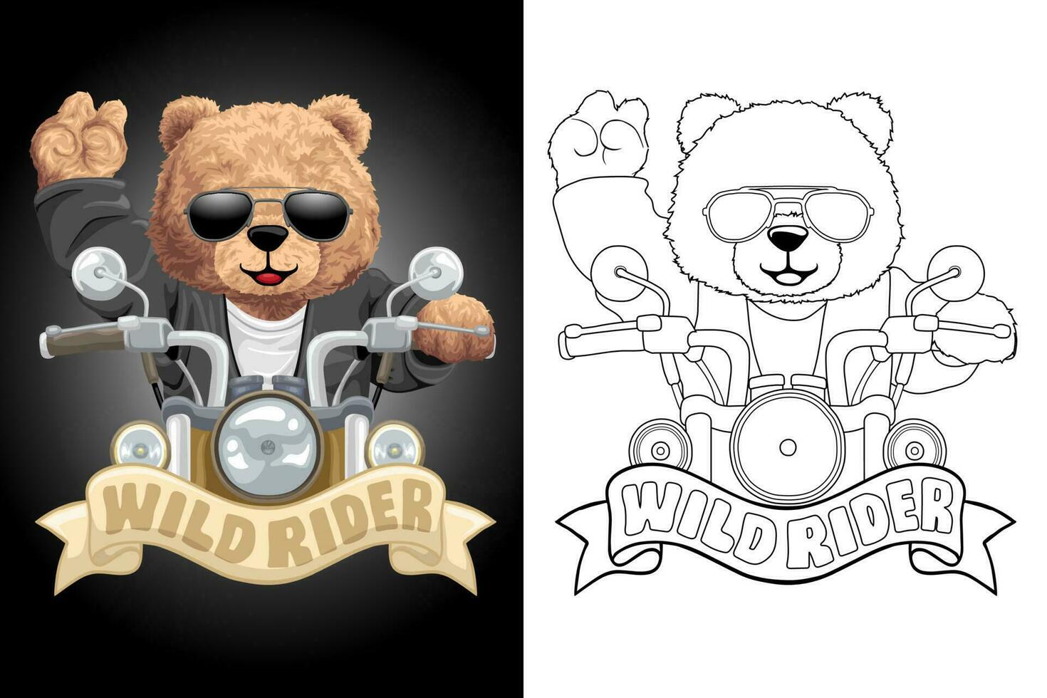 Hand drawn vector illustration of teddy bear on motorbike. Coloring book or page