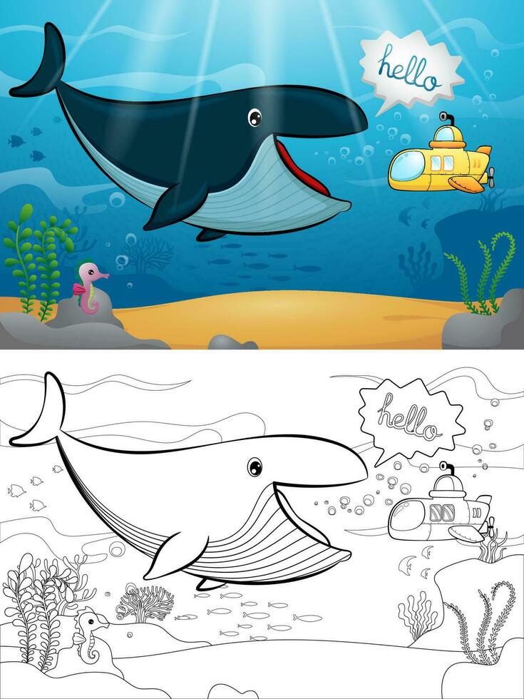 Cartoon of big sperm whale with little submarine underwater. Coloring book or page vector