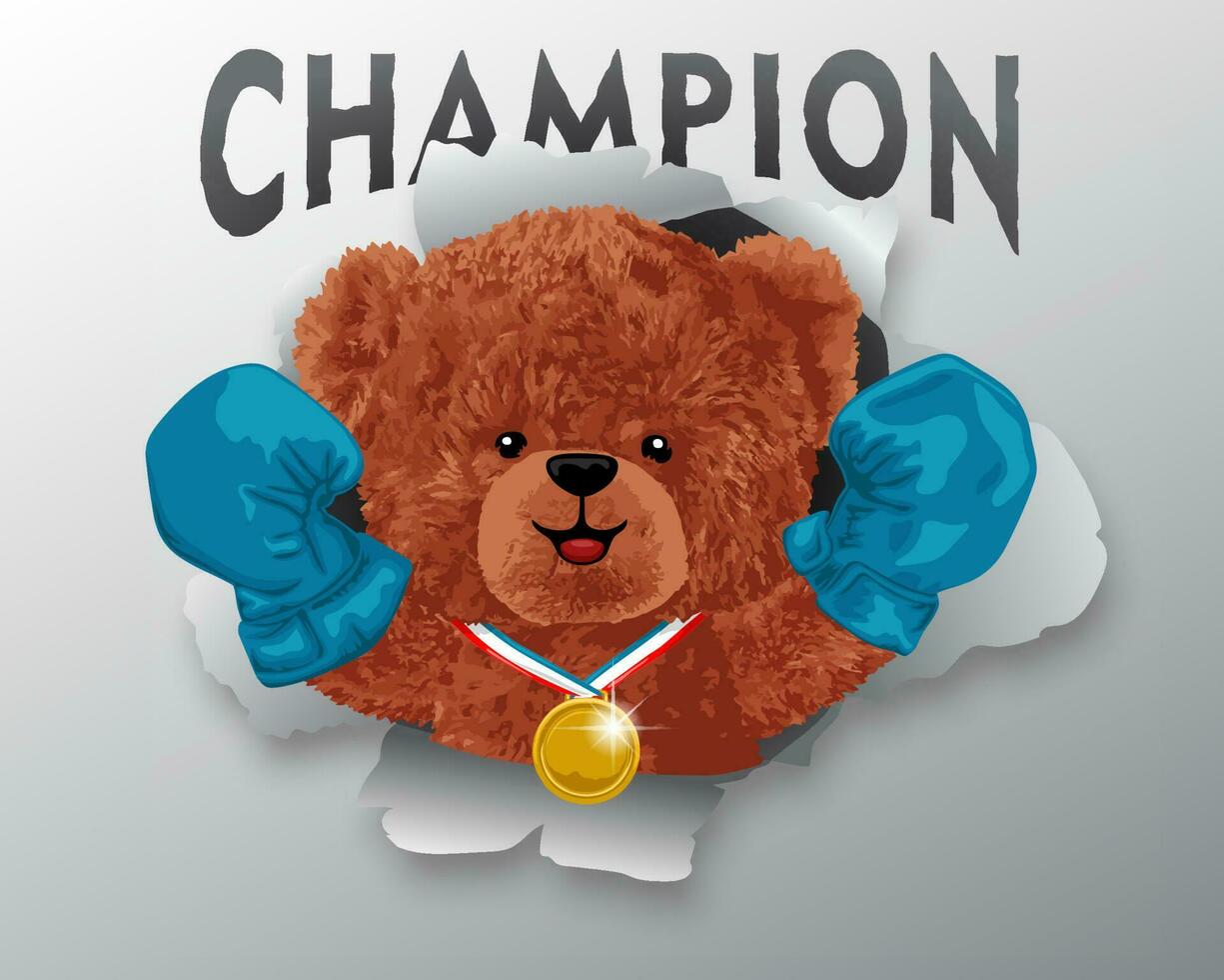 Vector illustration of teddy bear wearing boxing gloves with gold medal appearing from ripped paper