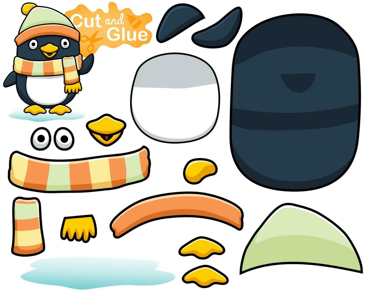 Vector illustration of cartoon penguin in winter clothes. Cutout and gluing