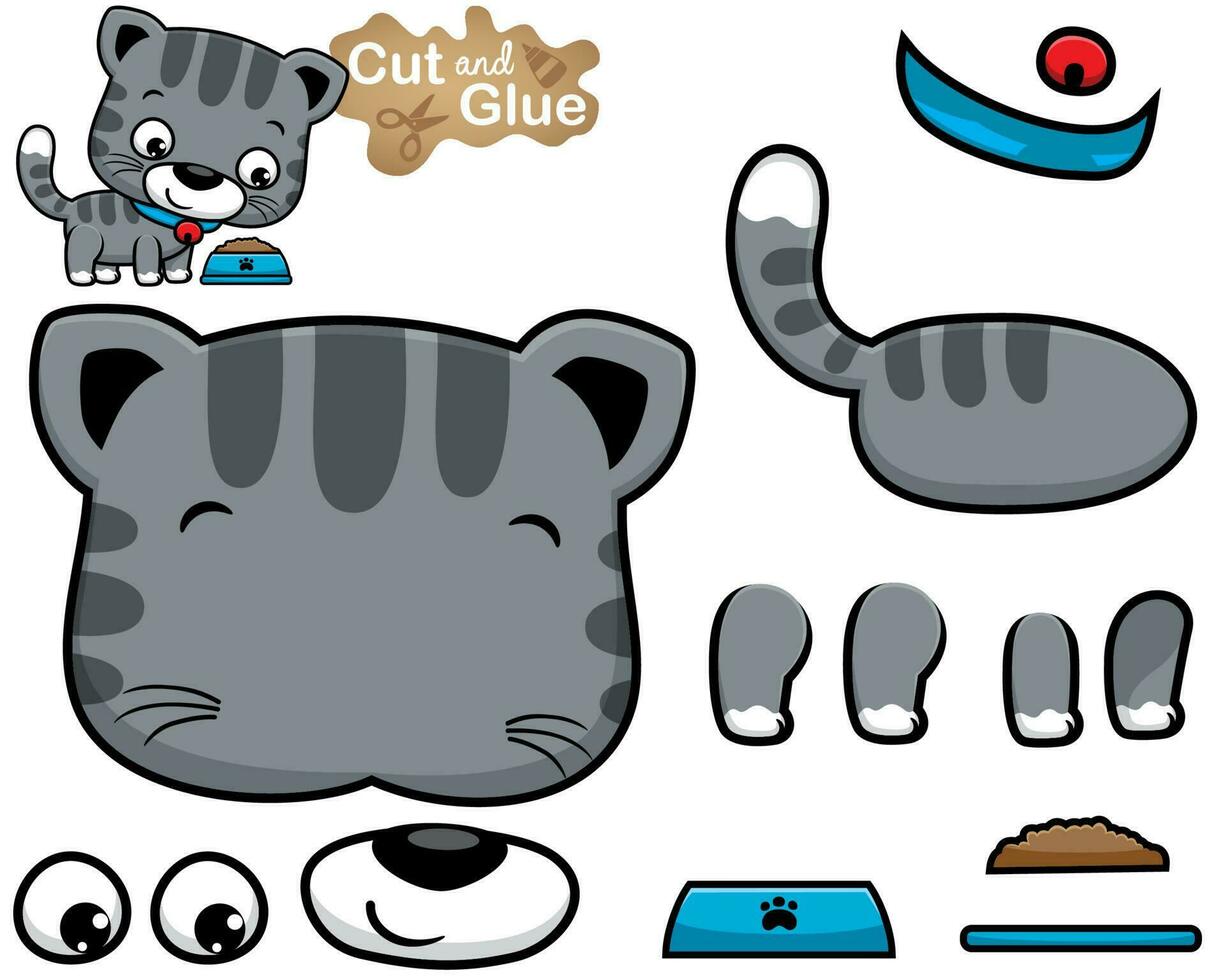 Vector illustration of cartoon cat with bowl food. Cutout and gluing