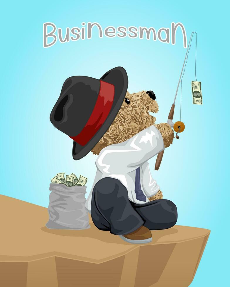 Vector illustration of teddy bear wearing bowler hat fishing money from cliff