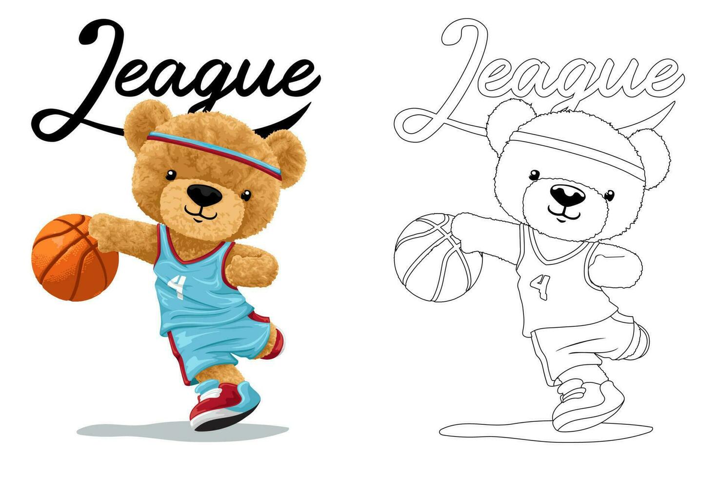 Hand drawn vector illustration of teddy bear playing basketball. Coloring book or page