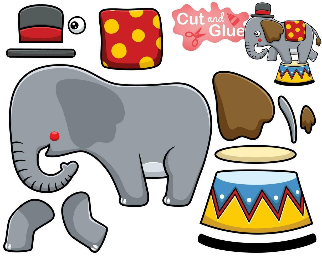 Vector illustration of cartoon elephant wearing magician hat on stage. Cutout and gluing