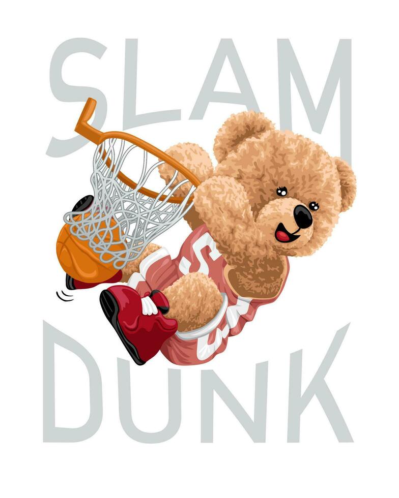 Hand drawn vector illustration of teddy bear cartoon playing basketball