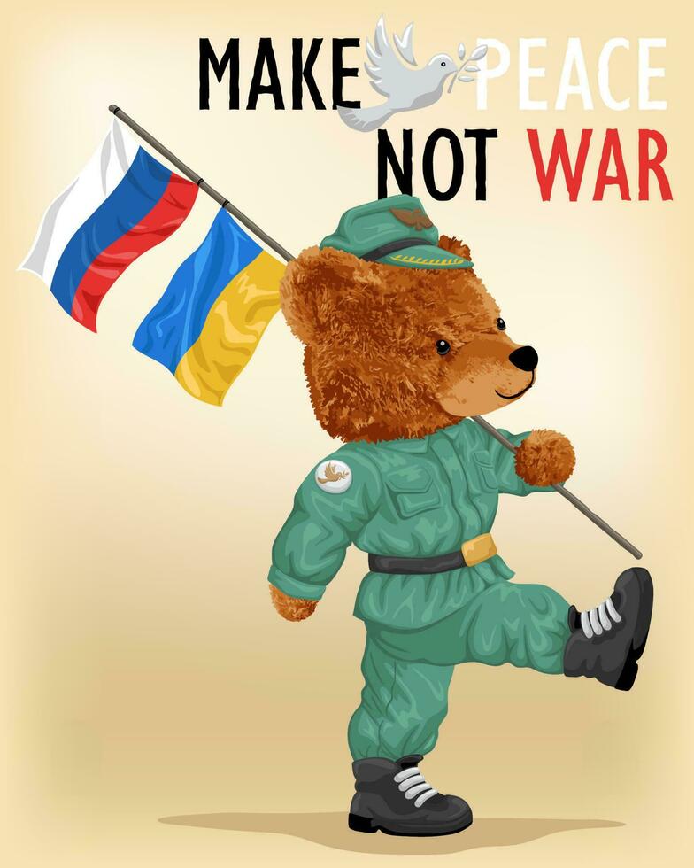 Vector illustration of teddy bear army carrying Russian and Ukrainian flag in peace campaign parade