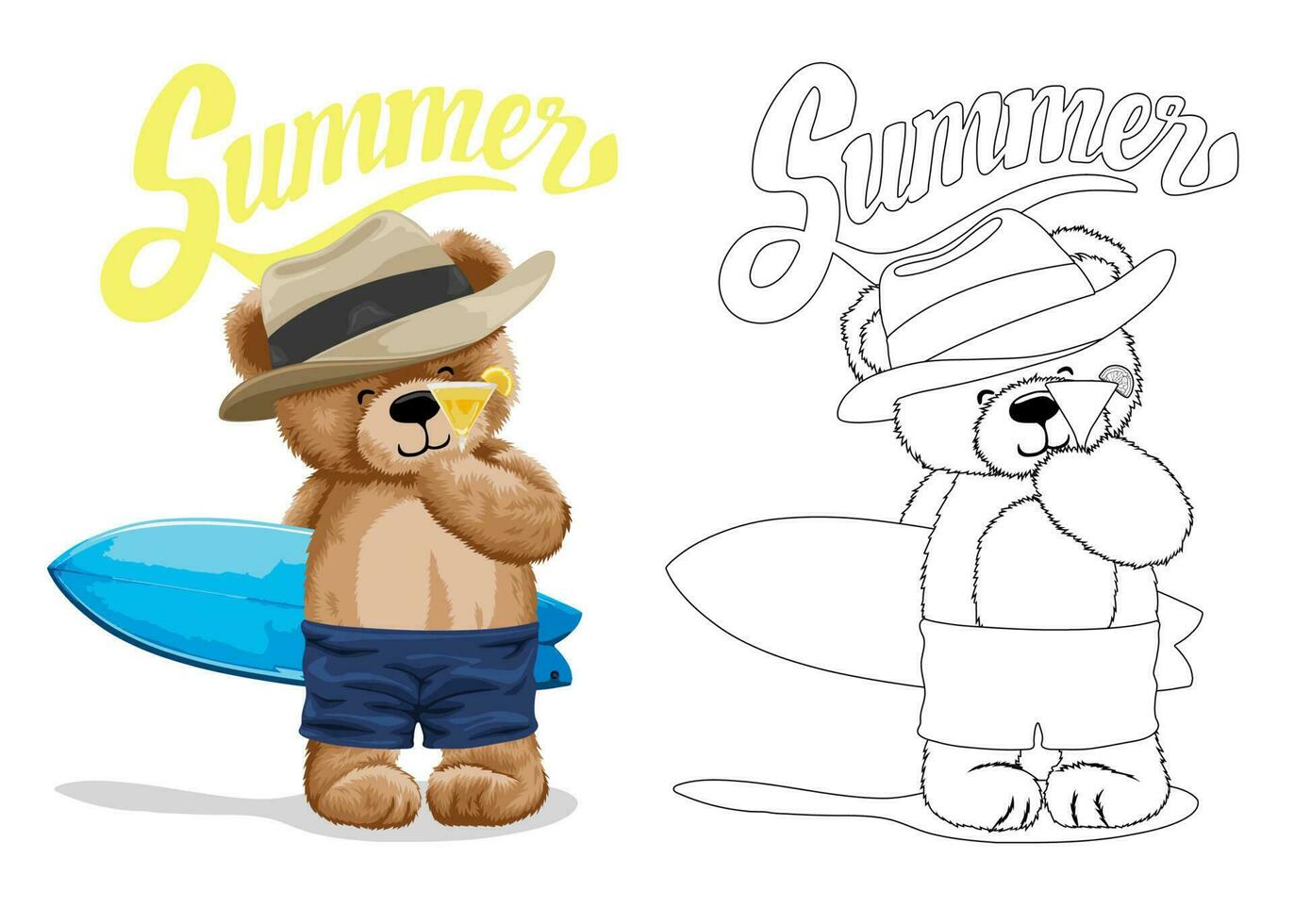 Hand drawn vector illustration of teddy bear holding cocktail with surfboard. Coloring book or page