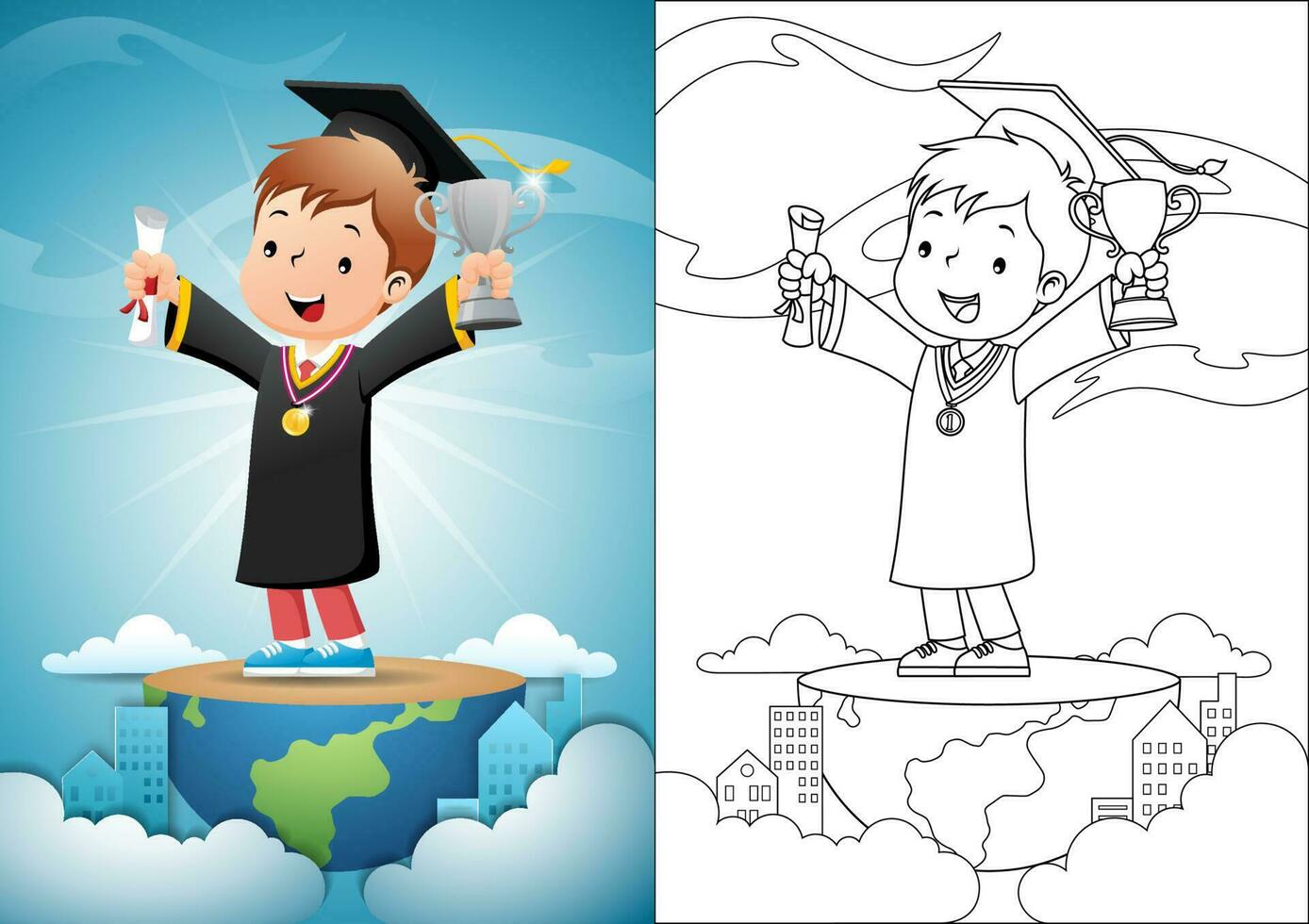 Boy cartoon in graduation gown standing on half globe while holding diploma and trophy vector