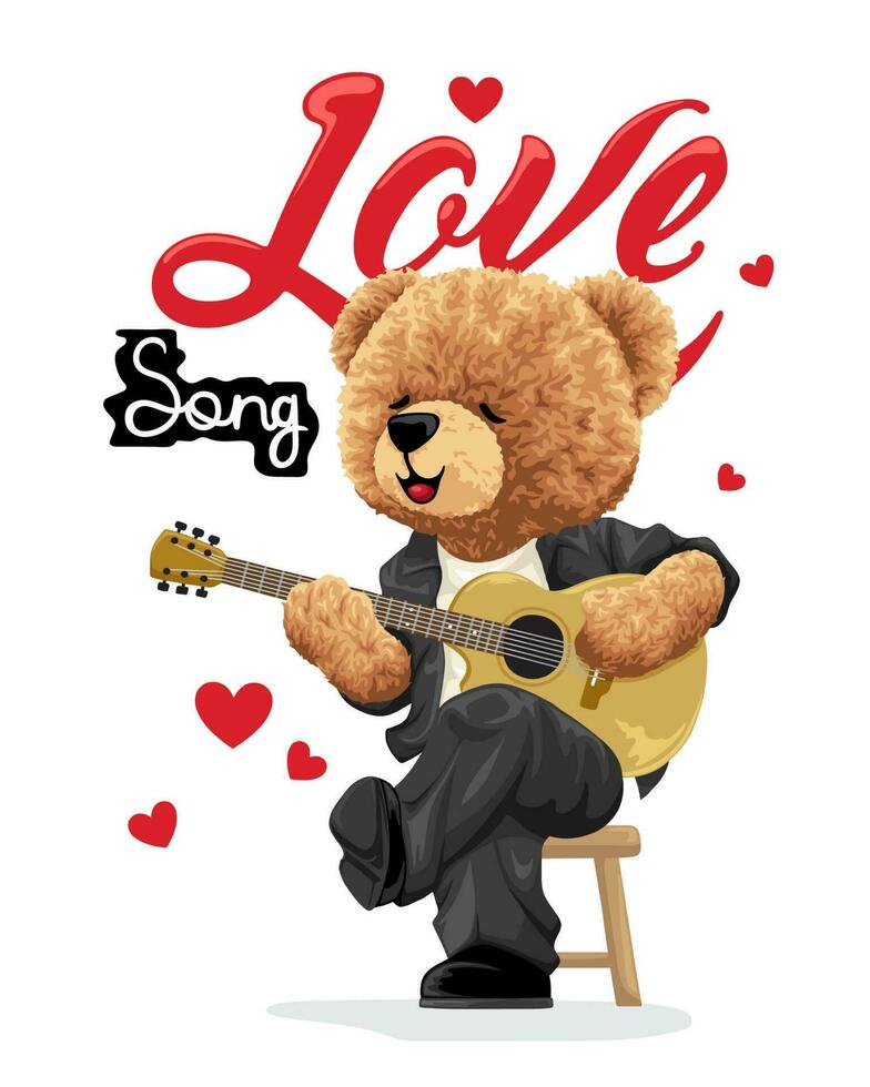 Hand drawn vector illustration of teddy bear sitting on chair while playing guitar and singing