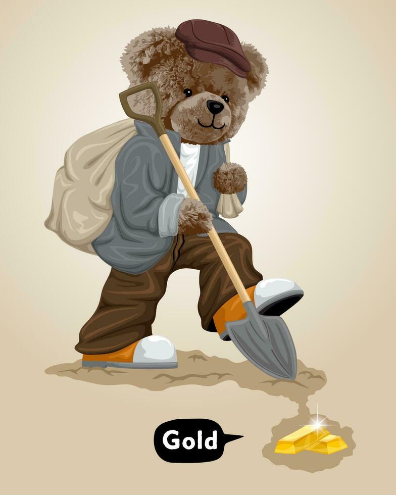 Vector illustration of bear doll digging for gold using shovel