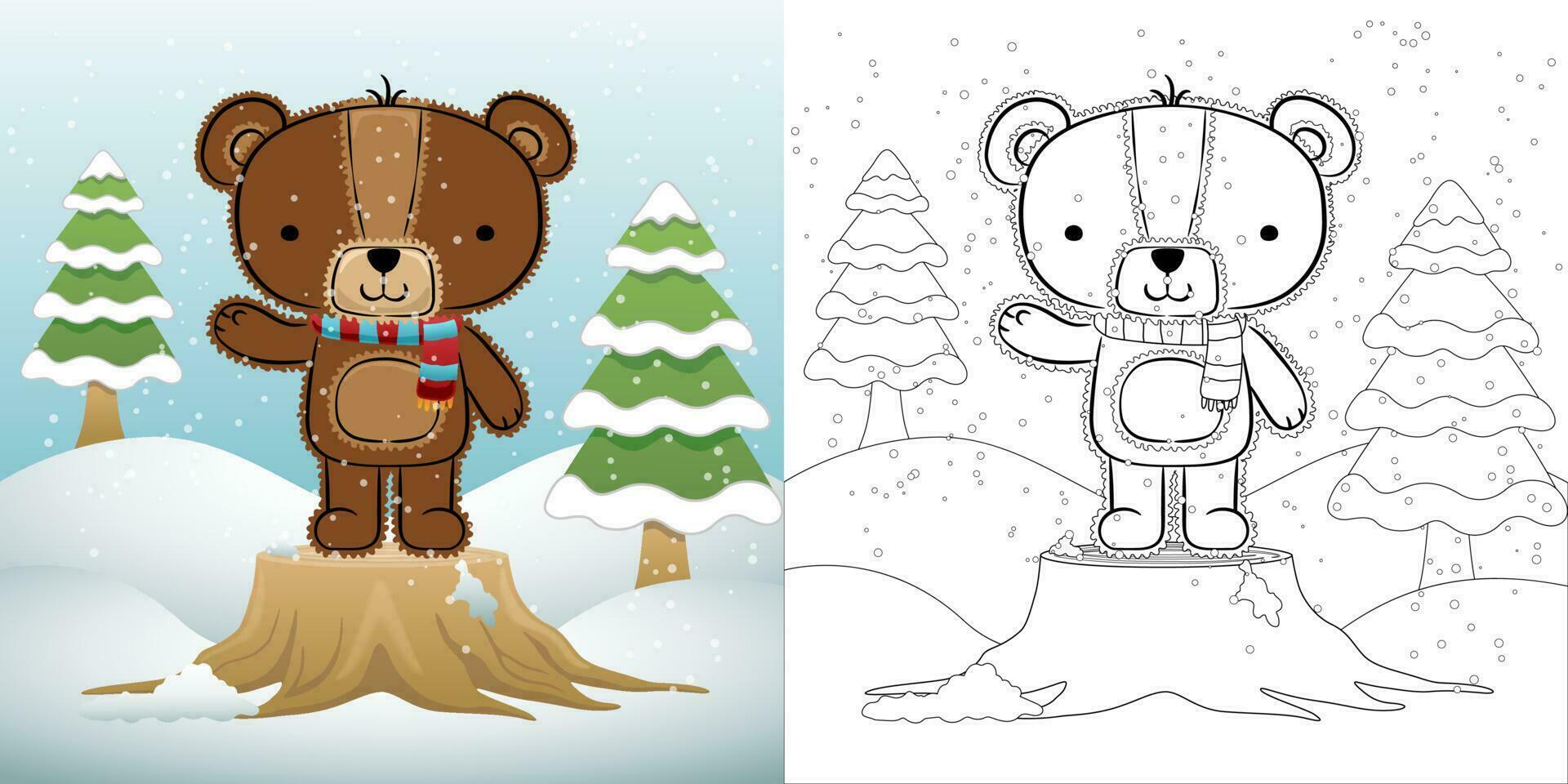 Cute bear cartoon standing on tree stump at winter vector