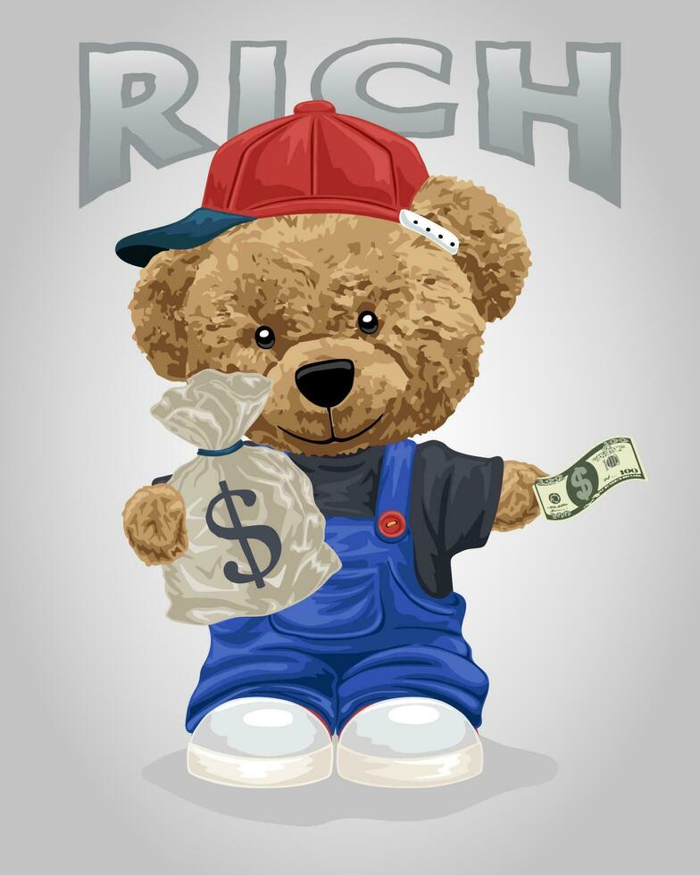 Vector illustration of funny bear doll holding money bag