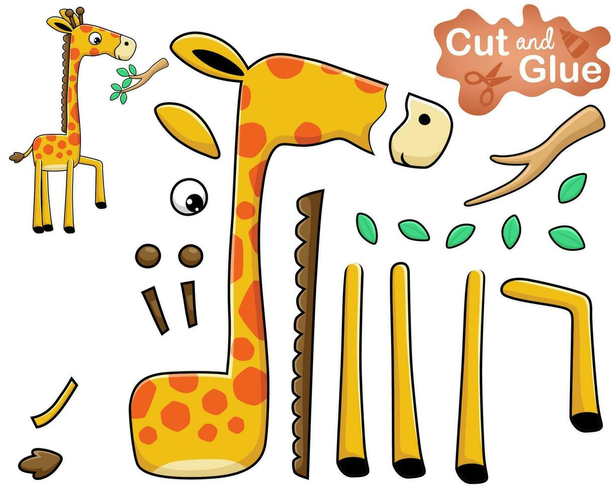 Vector illustration of giraffe cartoon with tree branches. Cutout and gluing