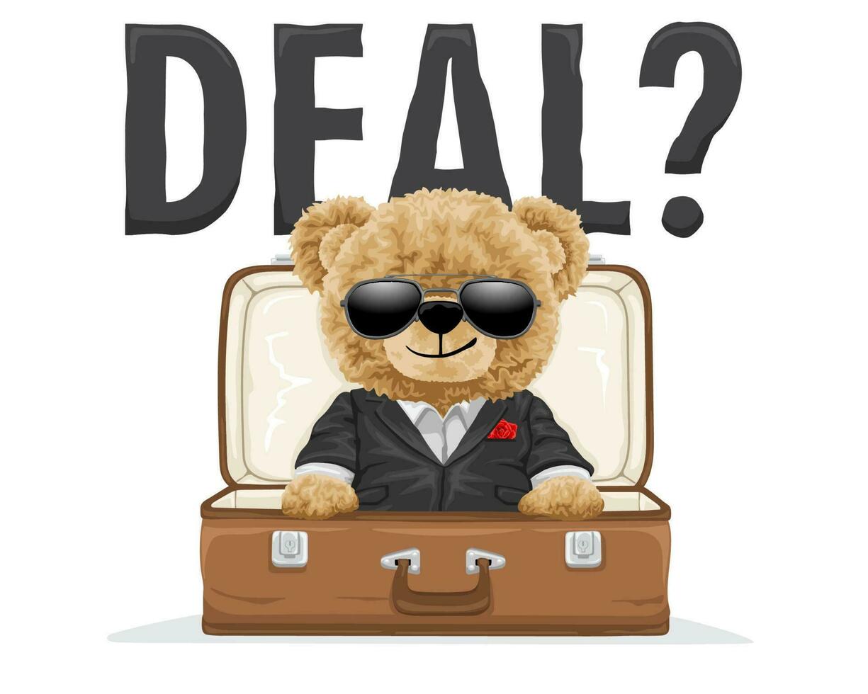 Hand drawn vector illustration of teddy bear in suit appear from suitcase