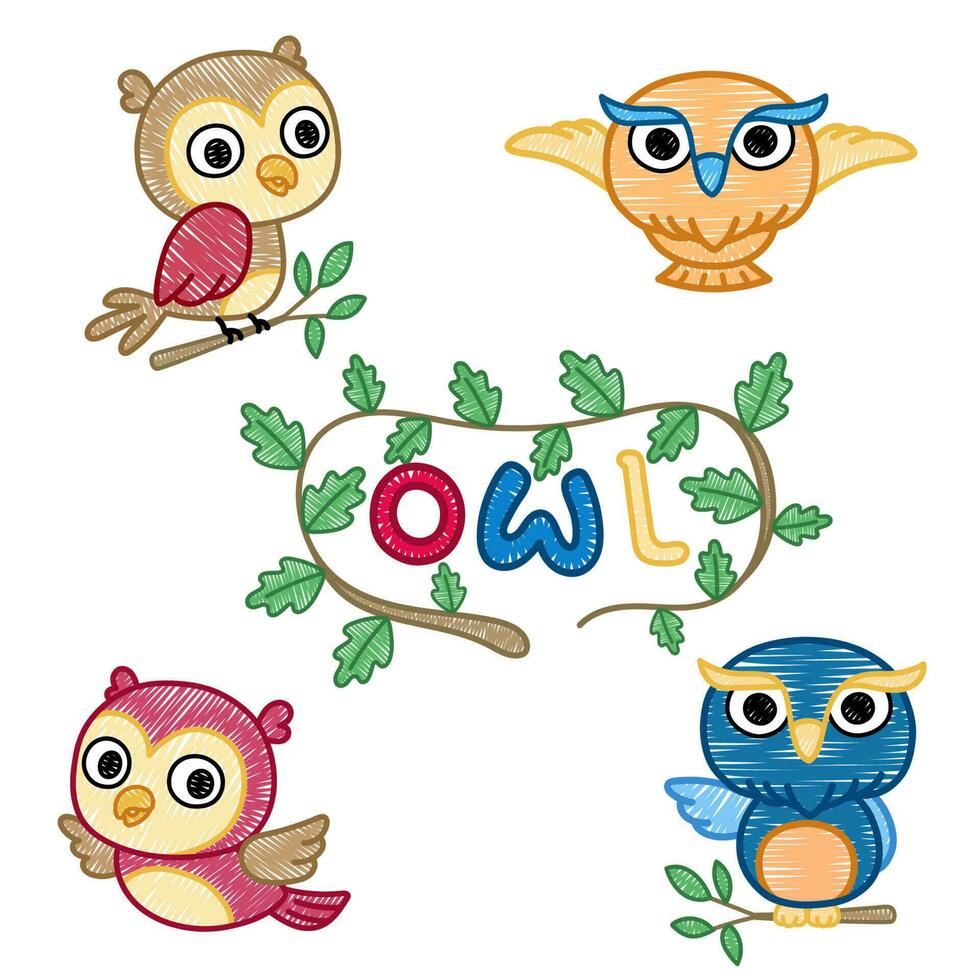 Vector illustration of owls cartoon in line art embroidery concepts