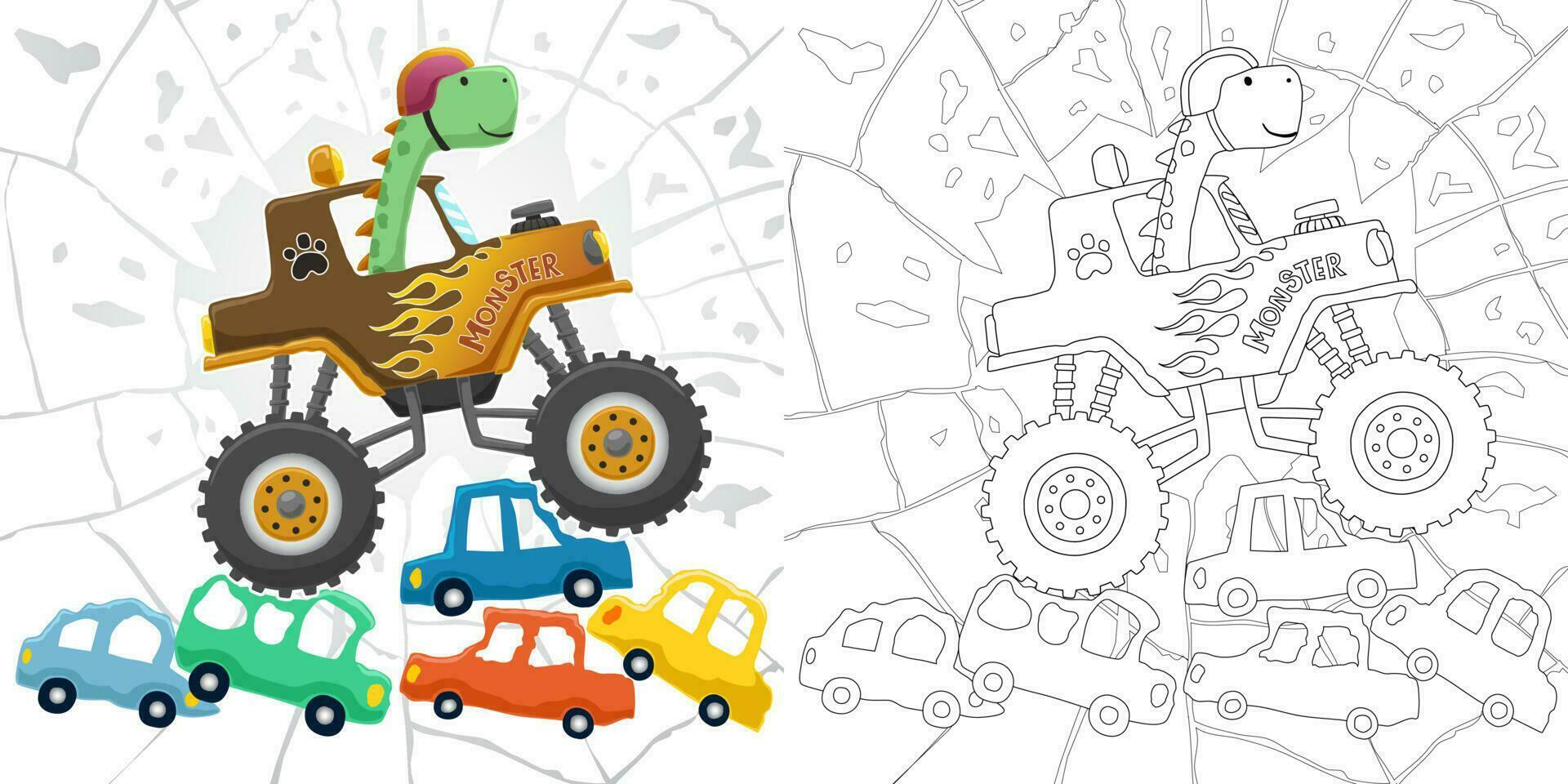 Hand drawn cartoon of dinosaur on monster truck crushing small vehicles, coloring book or page vector