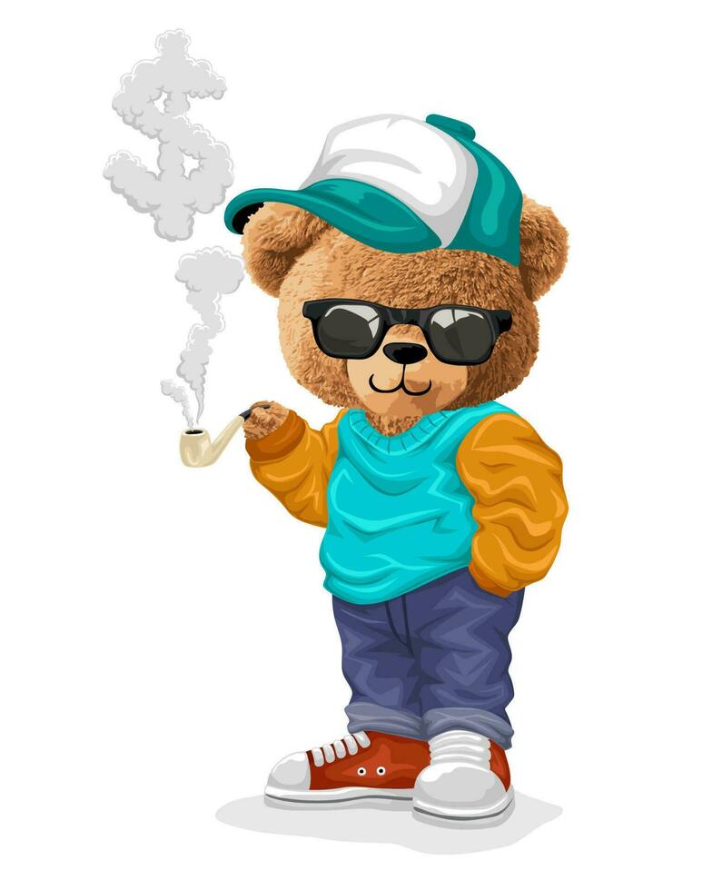 Vector illustration of stylish bear doll with sunglasses holding tobacco pipe